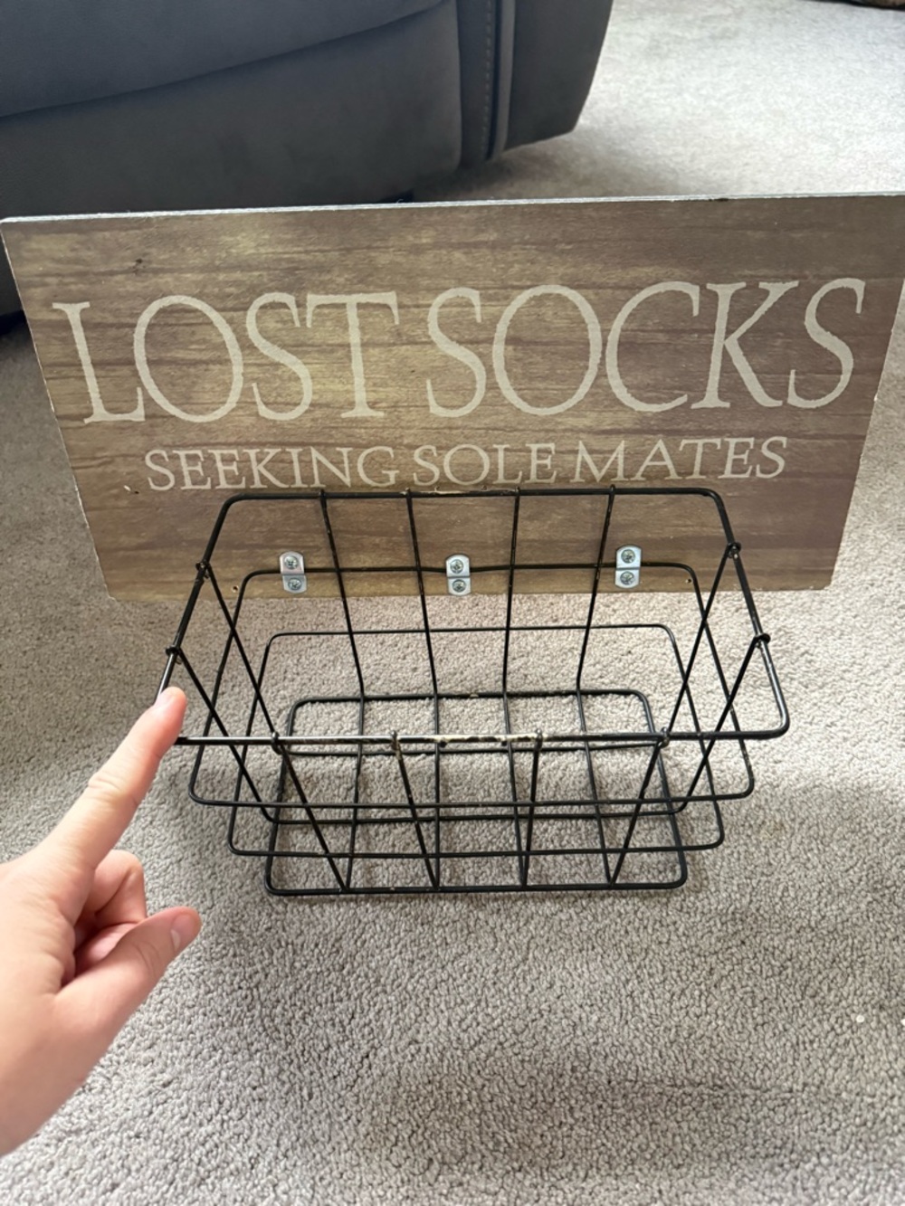 Lost Socks 'Seeking Sole Mates' Rustic Wood Sign with Metal Basket